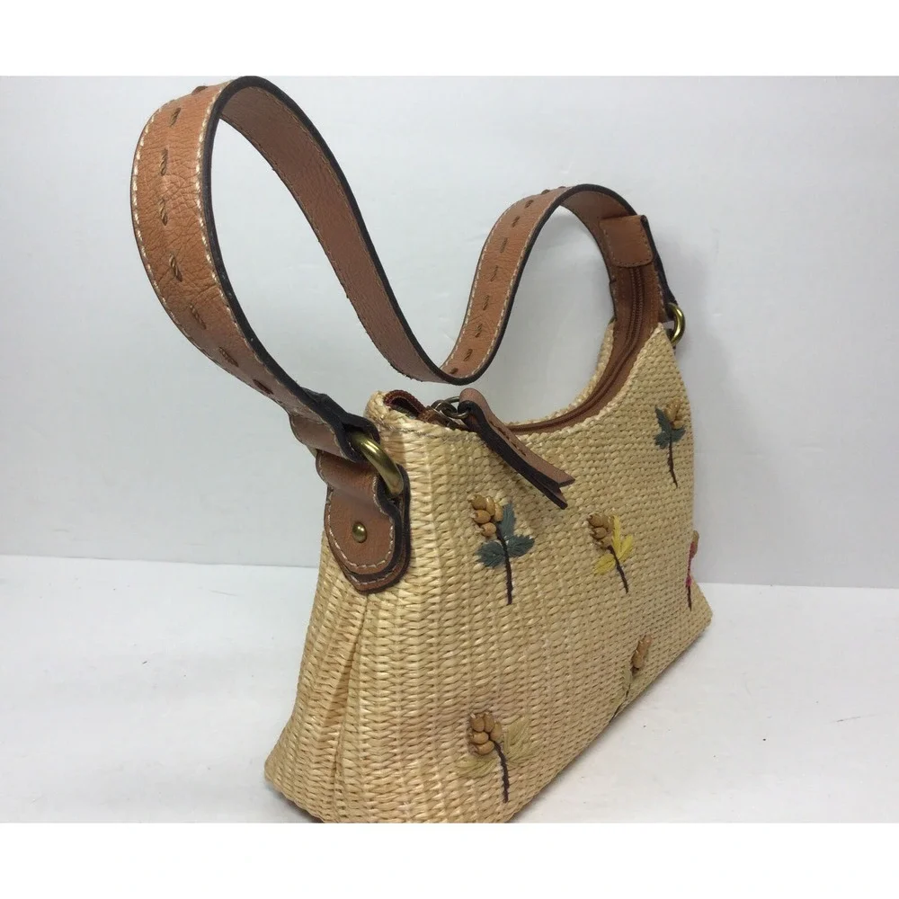 Vintage Fossil Straw Shoulder Bag Hobo Purse Beaded Accents‎ 9in x 6in